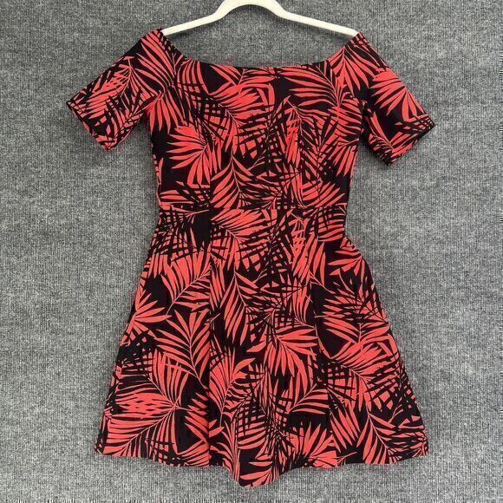 Zara Woman Dress Womens Small Coral Black Tropical Print Fit Flare Off Shoulder